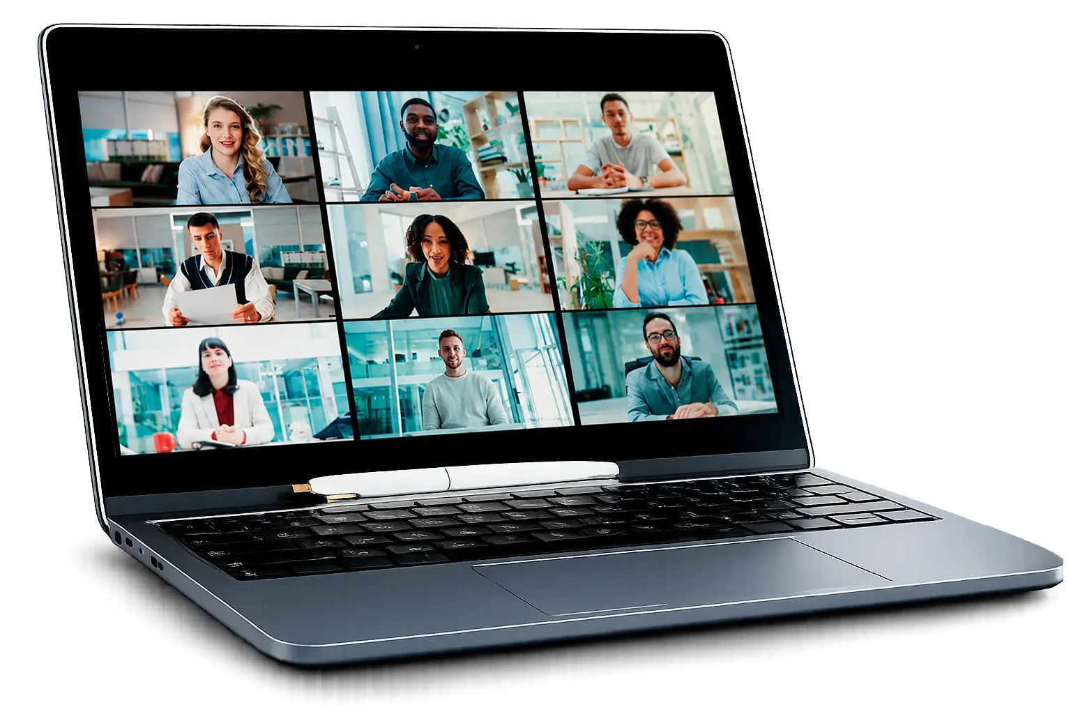 Notebook exibindo uma reunião por videochamada